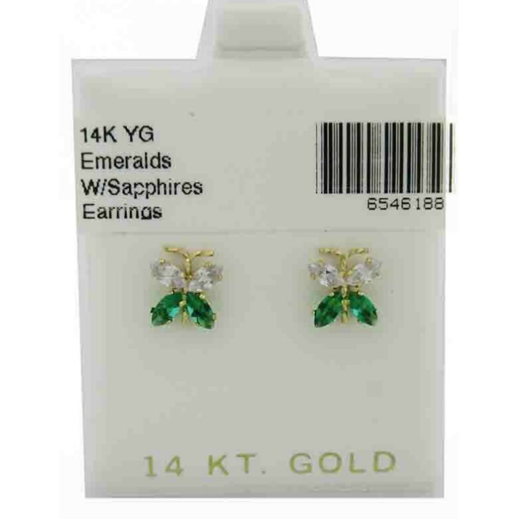 Created Emerald & White Sapphires Stud Butterfly Earrings 14k Gold